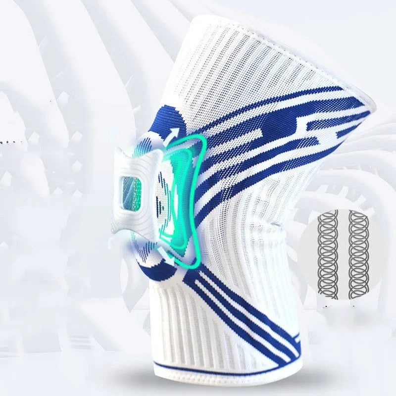 Blue high elasticity cotton knee pads shown on a knee, for adult basketball and sports.