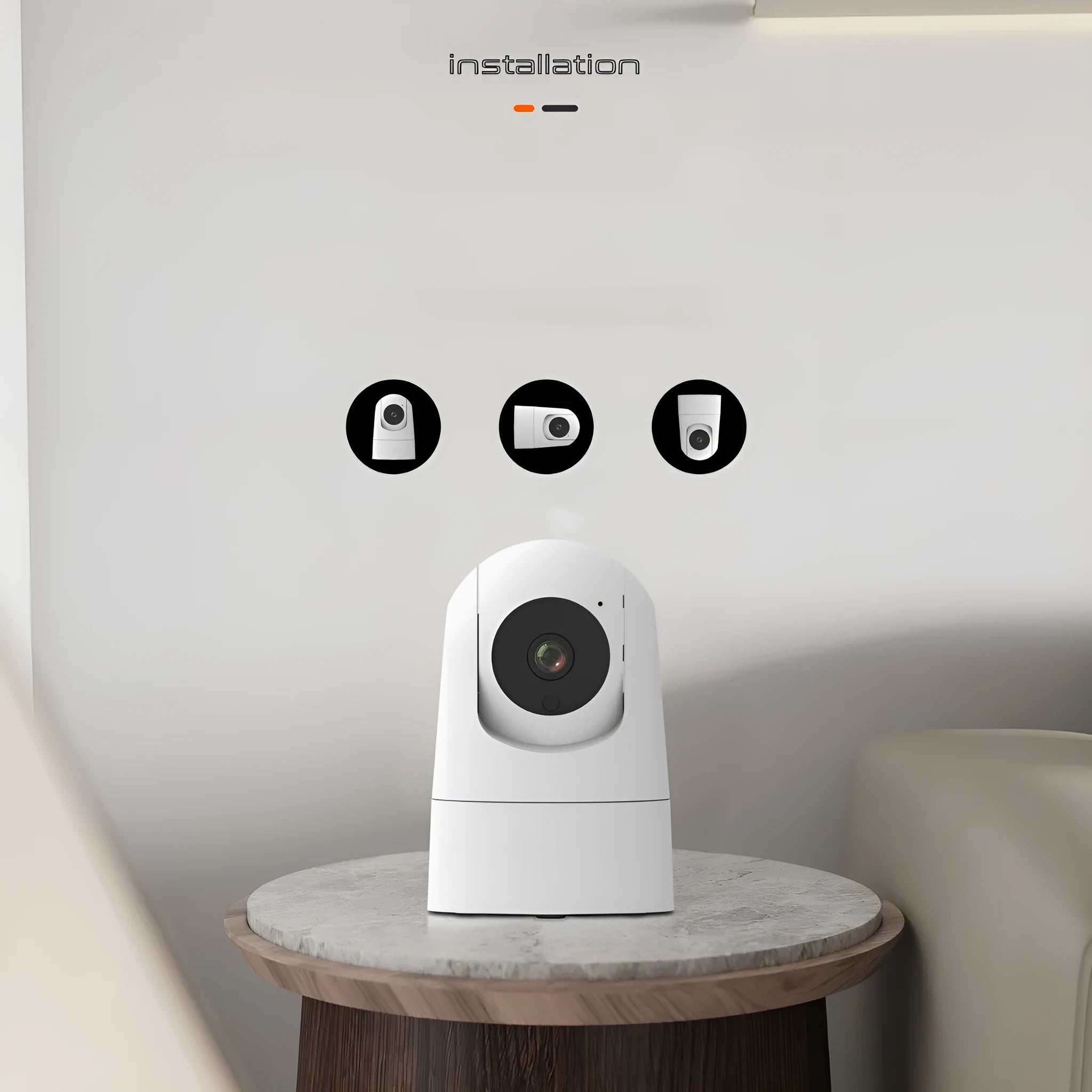 White indoor pan tilt security camera with microphone and speaker for two-way voice on a desk.