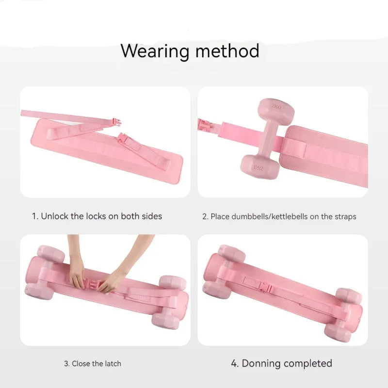 Black hip bridge training belt worn during dumbbell exercise