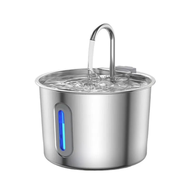 Stainless steel automatic cat water dispenser with 2.2-litre capacity on a floor
