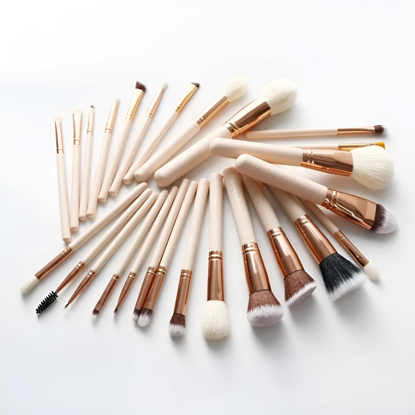 26 pink makeup brushes with wool bristles and wooden handles in storage bag