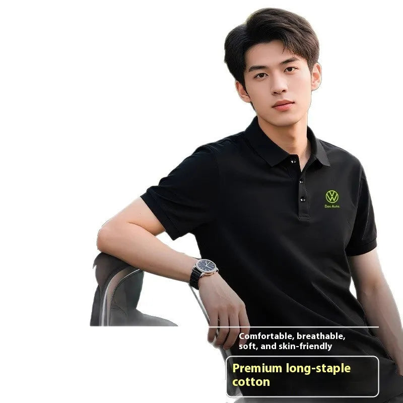 Men's short-sleeved polo shirt in Ice Silk fabric with loose fit, advertising logo, and side slits, available in multiple colours including black and navy blue
