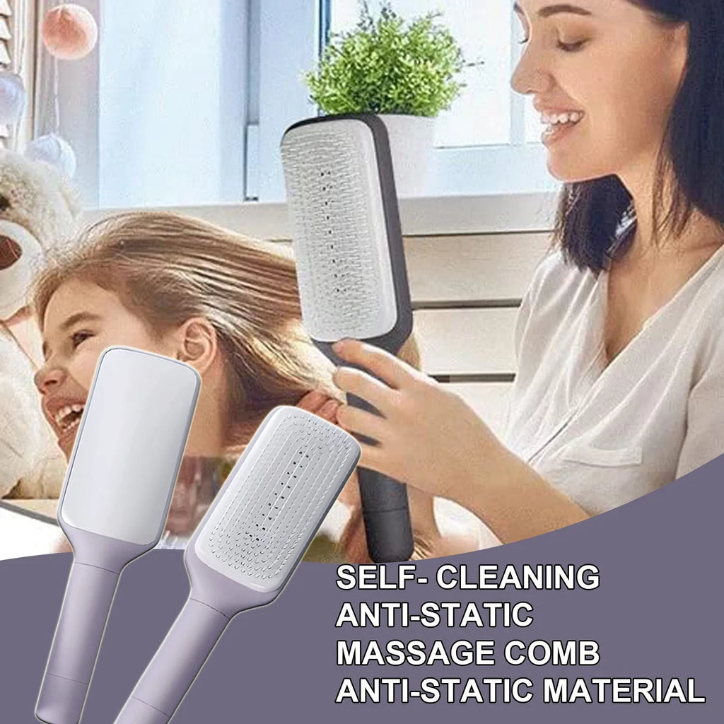 Self-cleaning hair brush with rotating handle in Roland purple colour showing ergonomic plastic design