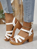 Plus size Roman women's peep toe sandals with chunky heel and ankle buckle in black, brown or white