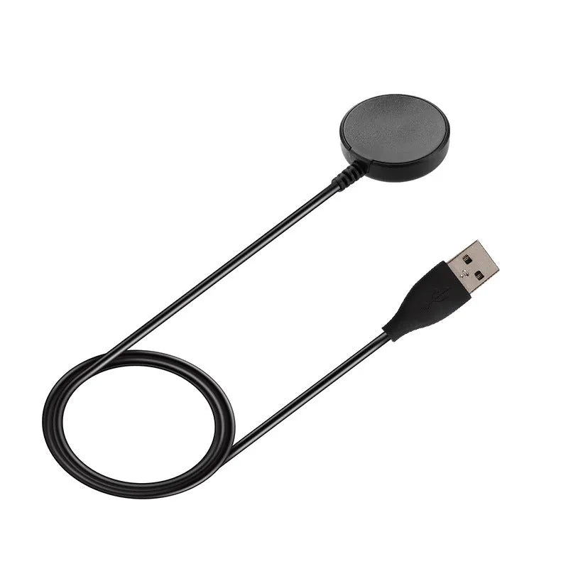 Black plastic USB wireless fast charger for watches, measuring 34mm by 10mm.