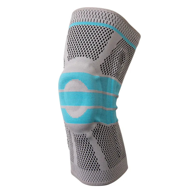 Sky blue elastic fibre knee pads with silicone lining for sports.