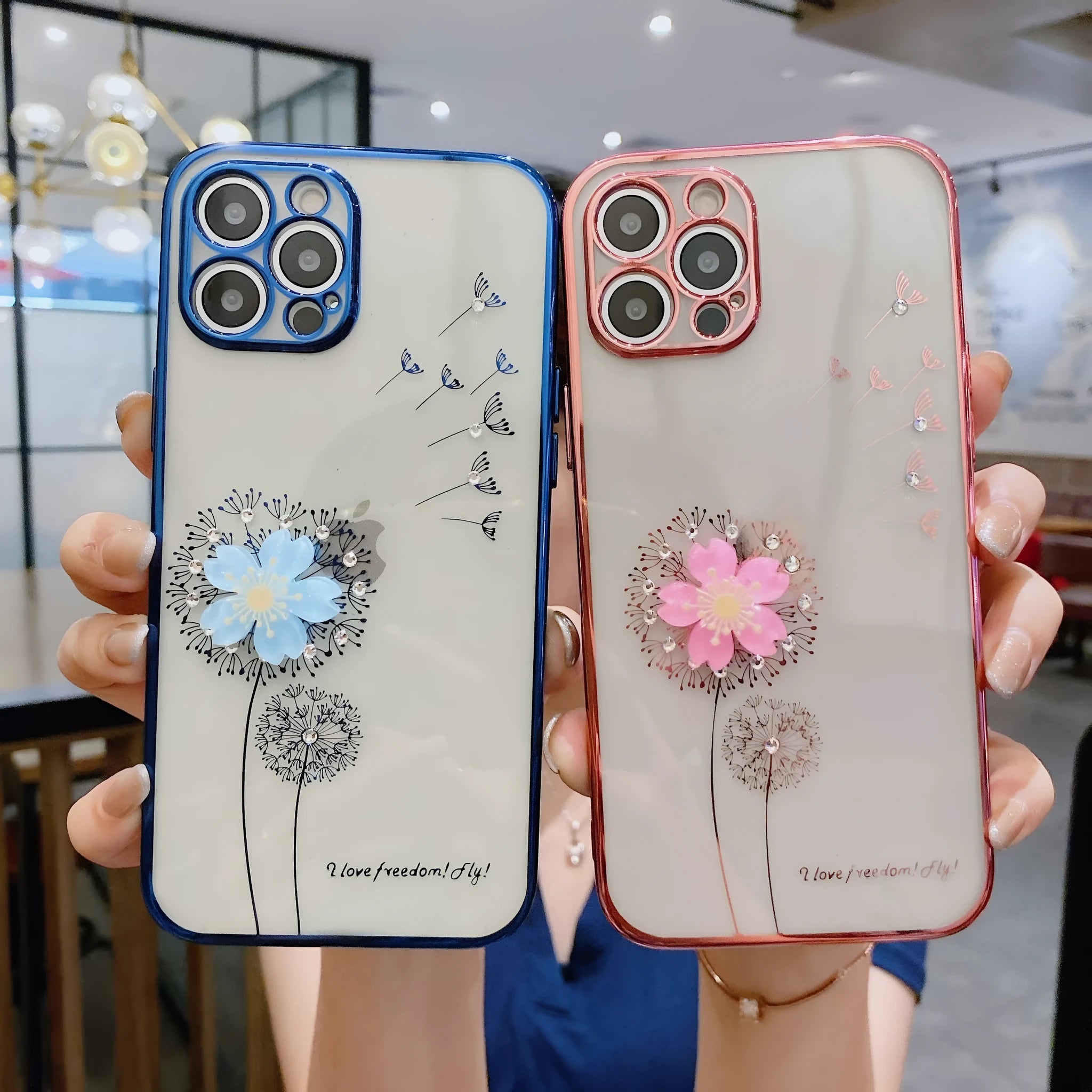 3D cute flower spin stand phone case for iPhone in green purple rose gold silver colours showing built-in screen protector