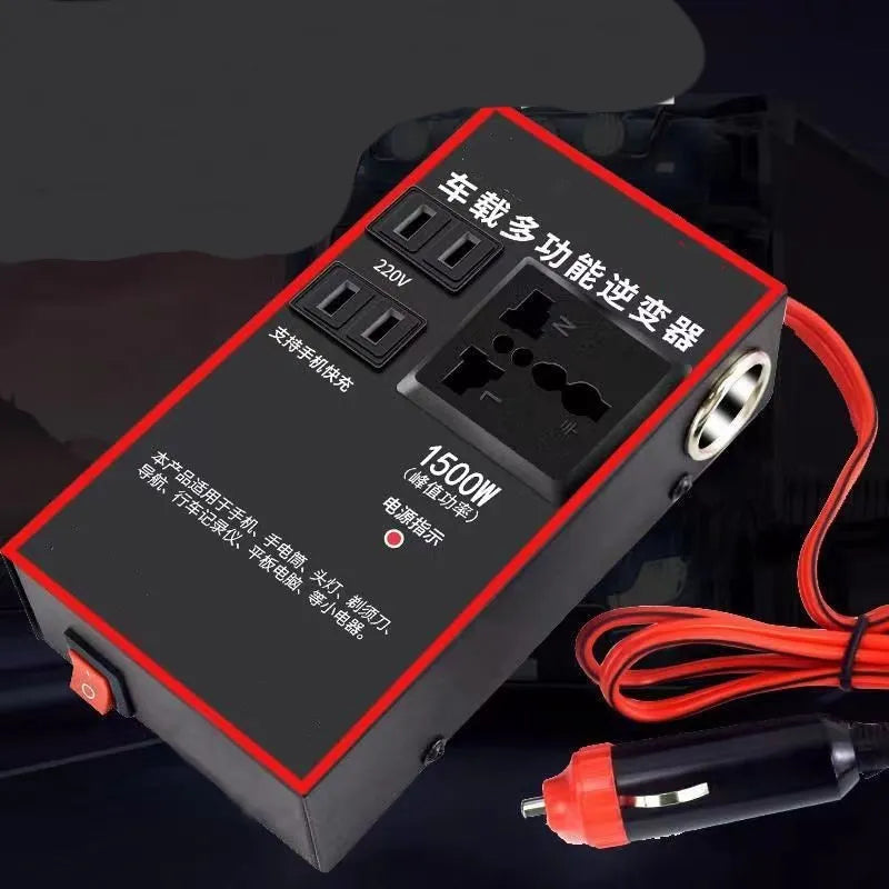 Black automotive power converter transforming vehicle 12V/24V DC to 220V AC with USB charging ports
