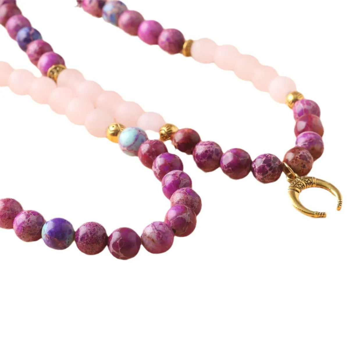 Pink Emperor Stone crystal necklace with round bead pendant on model