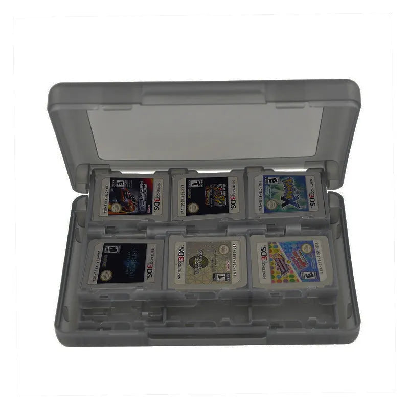 Black NDS 3DS game card storage box holding multiple game cartridges