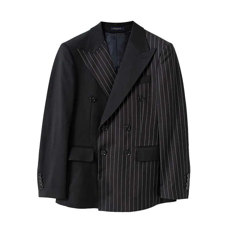 Black striped double breasted men's blazer with regular collar, double slits, sizes M to 3XL