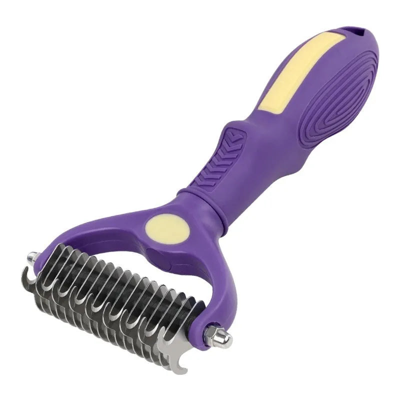 Purple double-sided plastic pet comb for dogs and cats used for knot untying and grooming