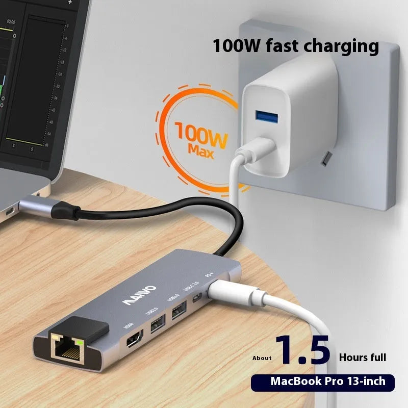 Steam Deck six-in-one docking station with HDMI, USB 3.0, and Ethernet ports in aluminum shell