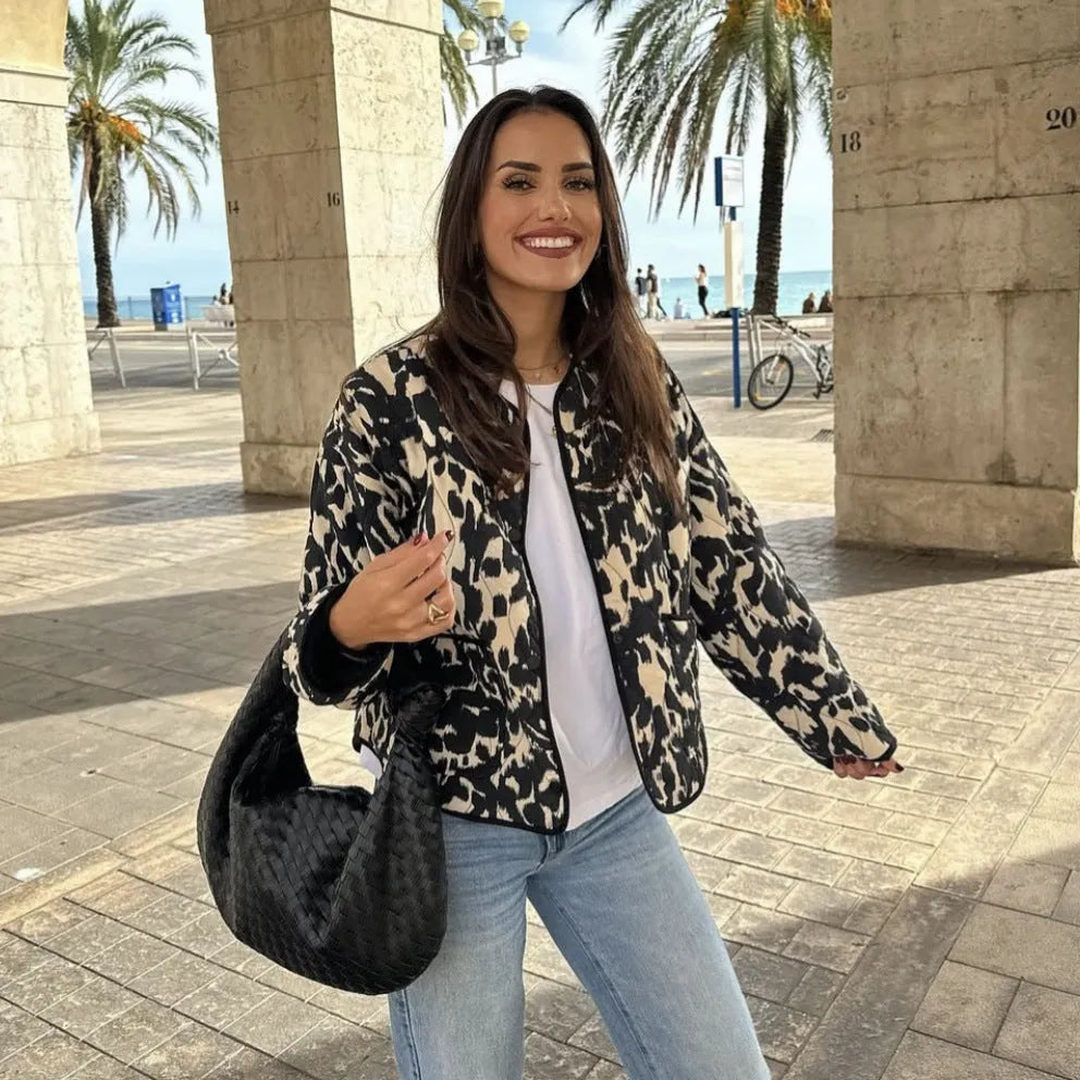 Women's printed snap-button long-sleeved jacket in three colour styles polyester fabric