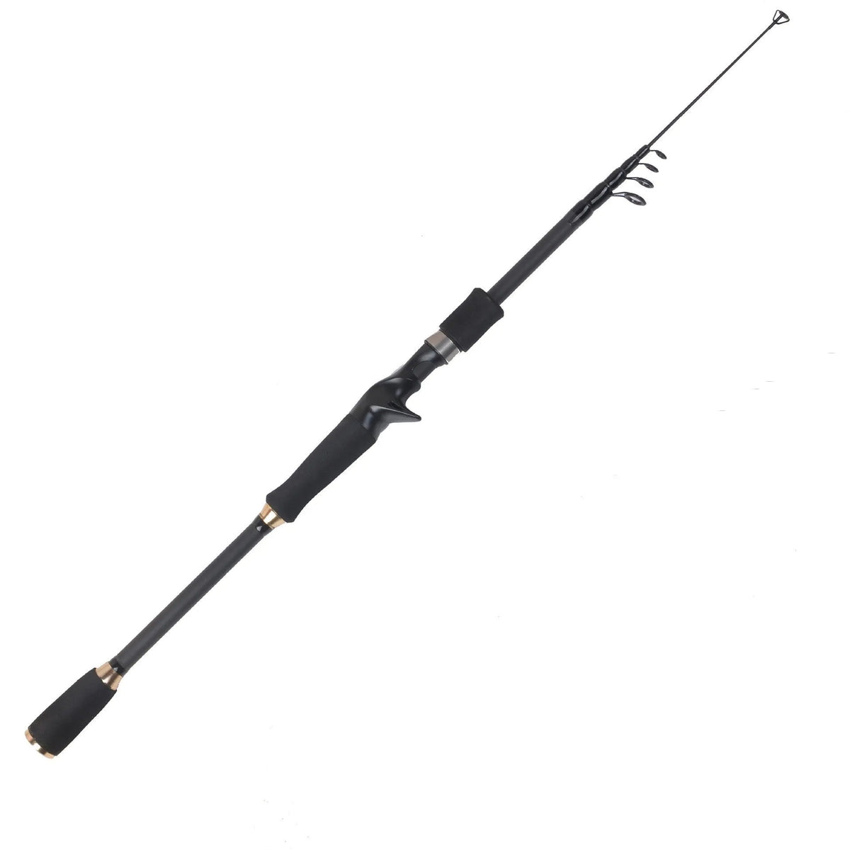 Telescopic carbon fishing rod with matte coating, inline guide rings, and choice of gun handle or straight handle in multiple lengths