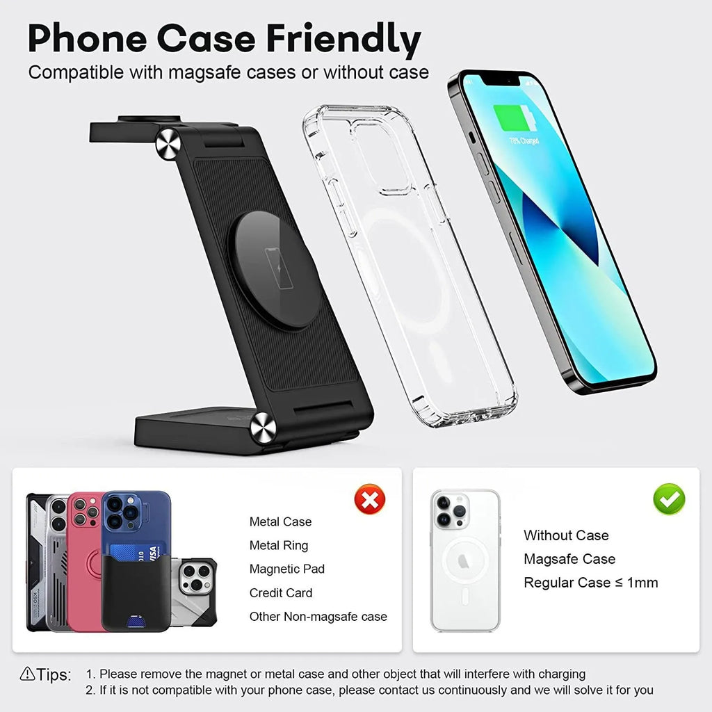 Vertical folding magnetic three-in-one wireless charger in black or white with US charging head and cable