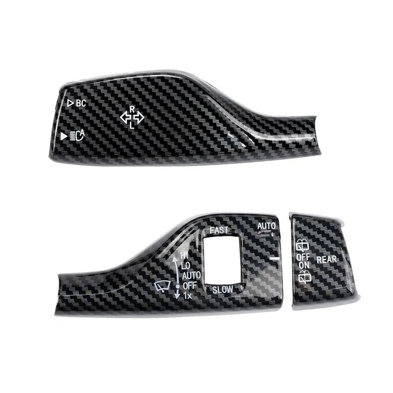 ABS steering lamp switch rod decoration for car and SUV wiper steering lever, shown in carbon fibre pattern, piano black, feel black, and sports red finishes.