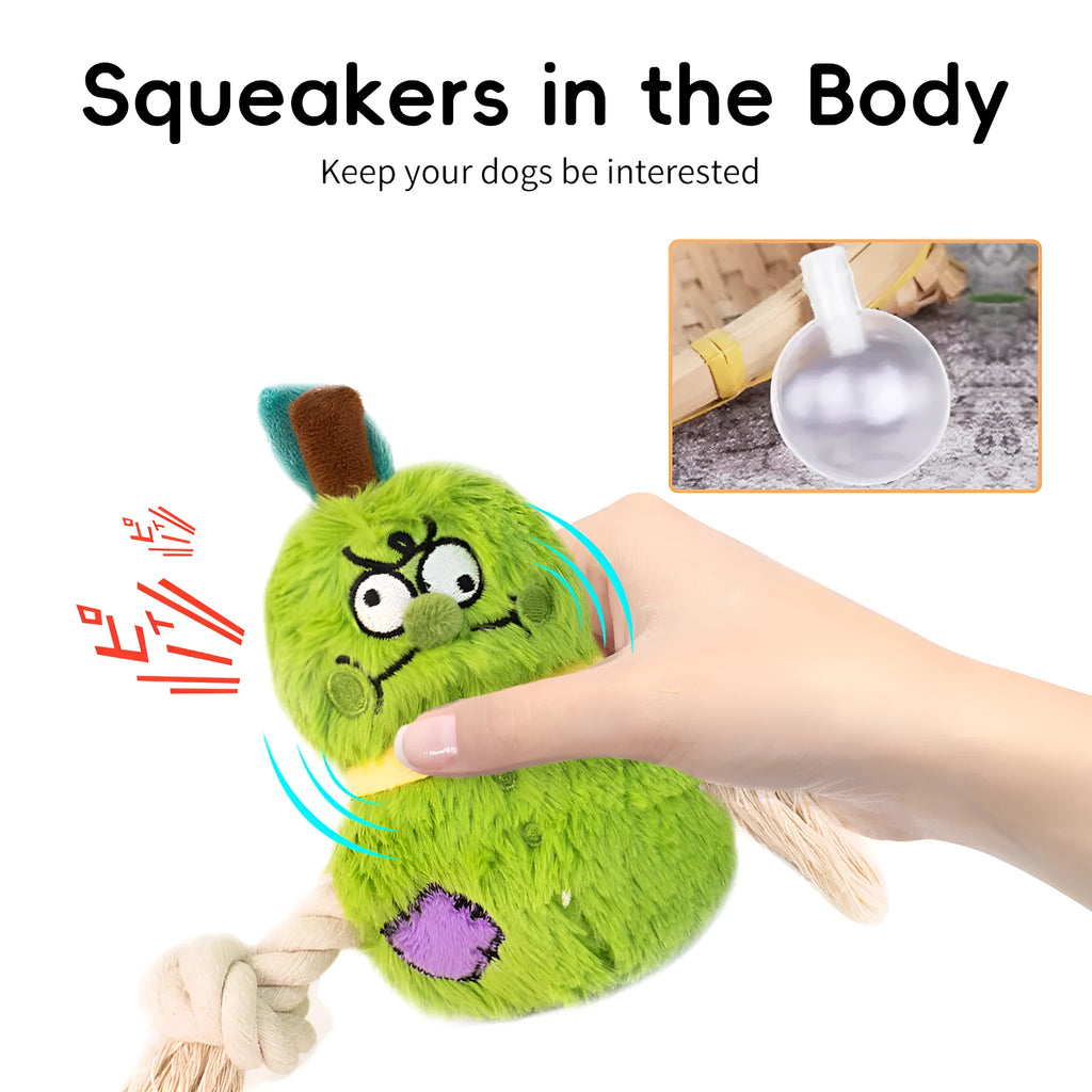 Green and purple interactive dog toy with plush rope knot for tug-of-war and dental cleaning features