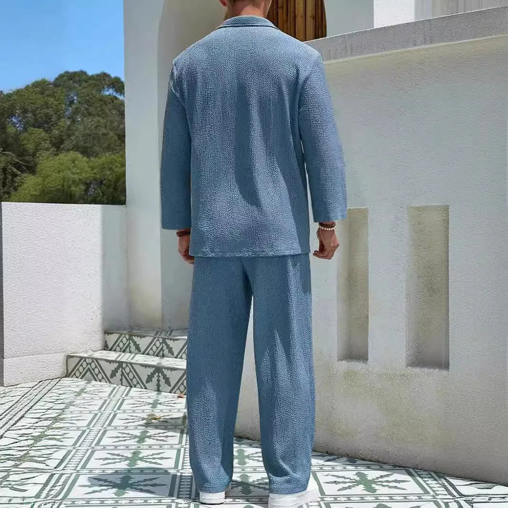 Men's casual shirt and trouser suit set in polyester fabric, shown in lake blue colour.