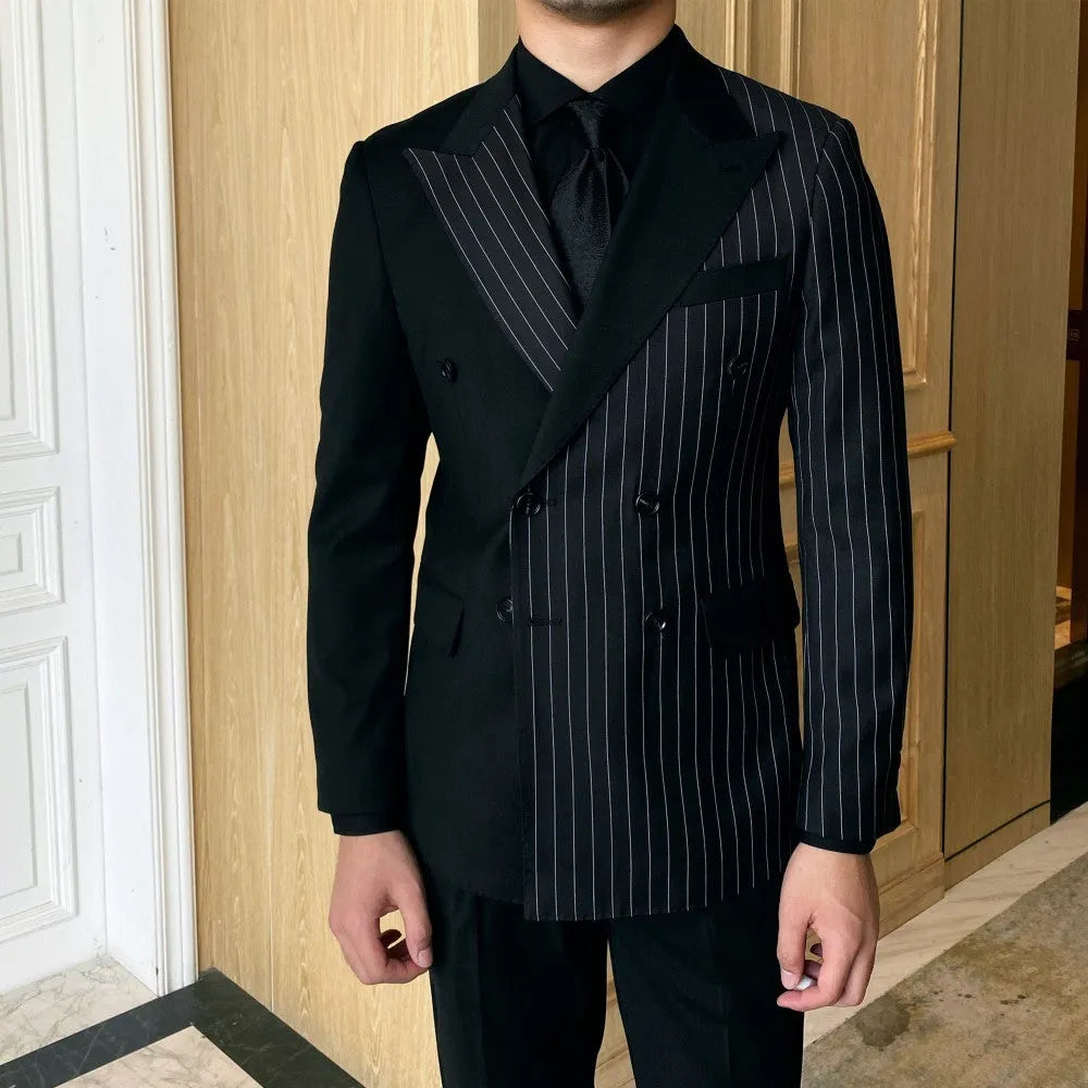 Black striped double breasted men's blazer with regular collar, double slits, sizes M to 3XL