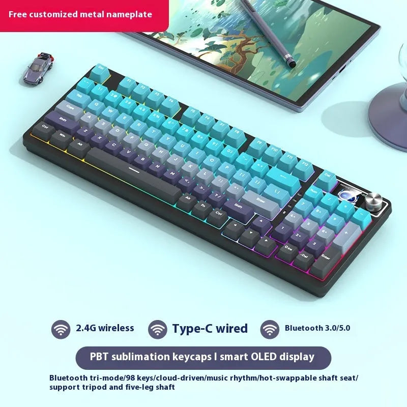 98-key wireless Bluetooth mechanical keyboard kit with metal control knob and multiple colour options