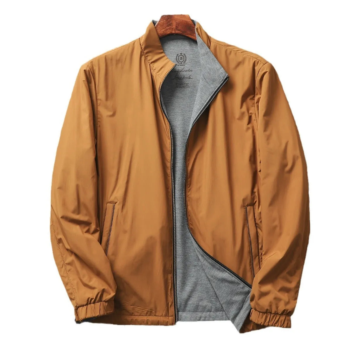 Men's plain stand collar jacket in a polyester cotton blend fabric, shown in blue.