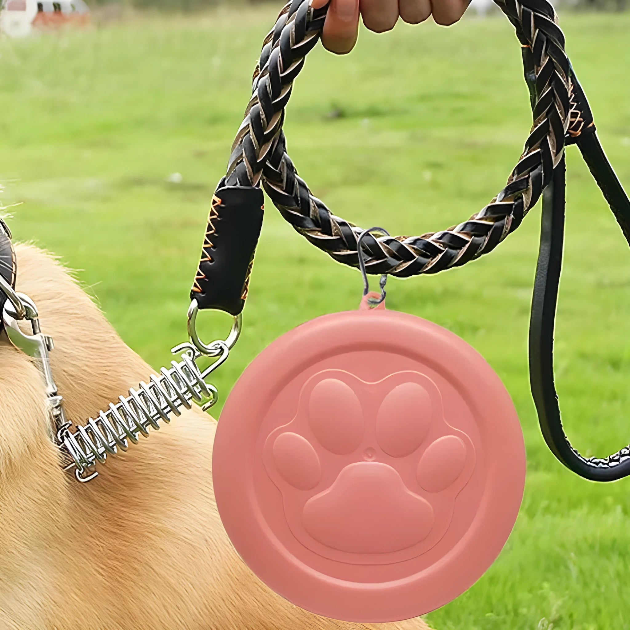 Collapsible portable dog bowl in silicone showing expanded feeding position and collapsed storage form