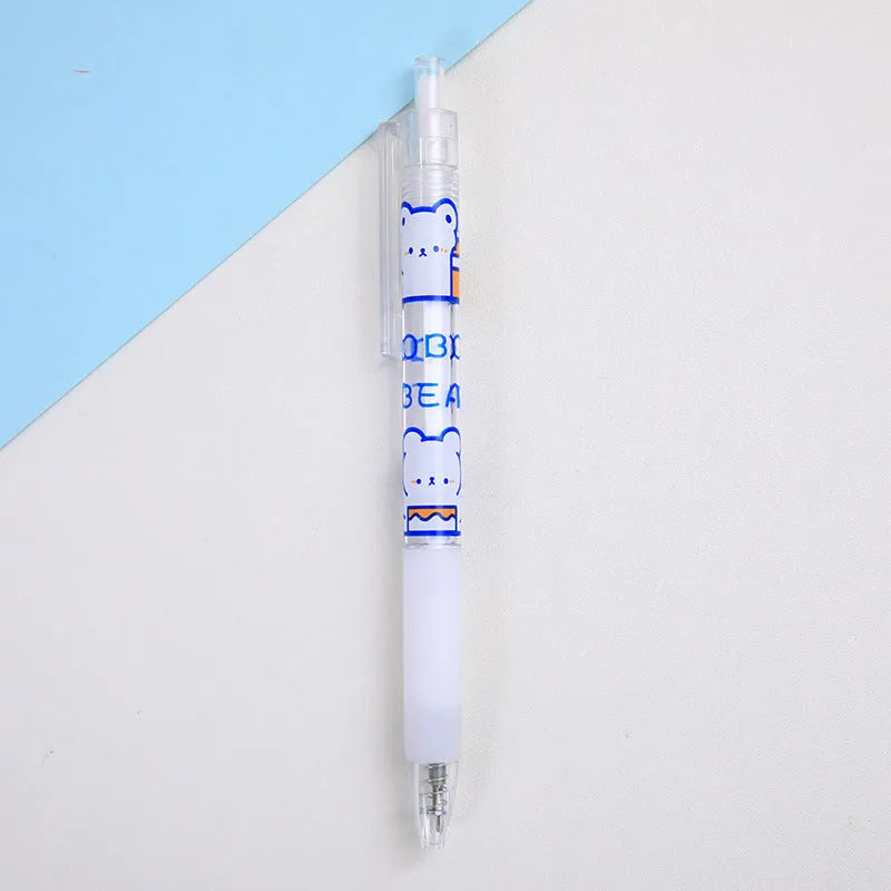 Set of six colourful bear and bunny character press pen knives on a white background.