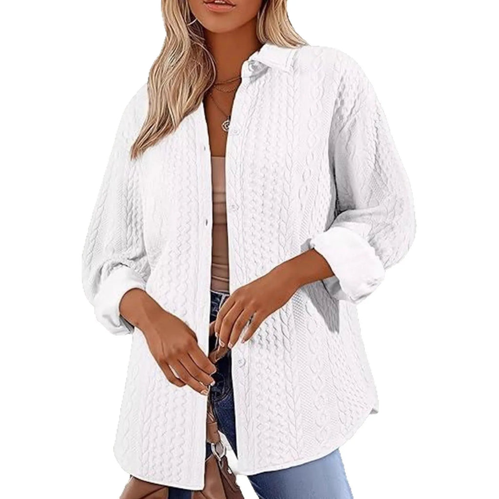 Women's solid colour long sleeve knit cardigan on a hanger, shown in black, white, and khaki.