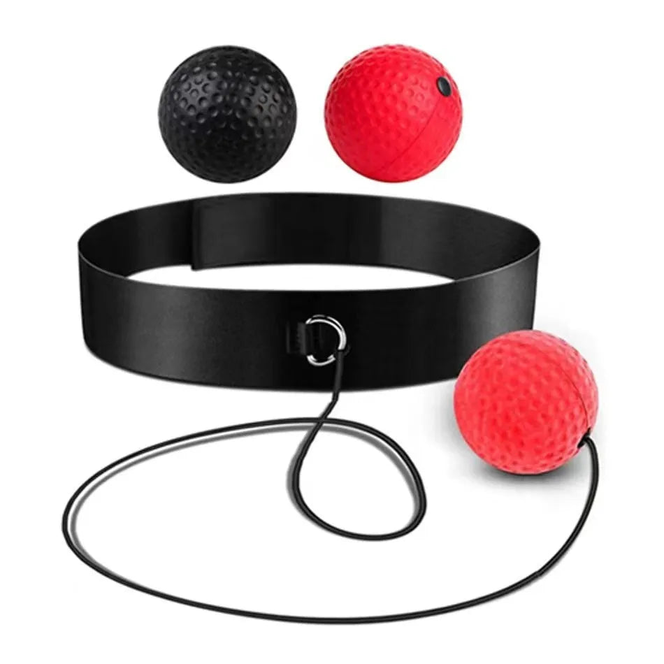 Head-mounted boxing reaction training ball set showing adjustable headbands and different coloured balls.
