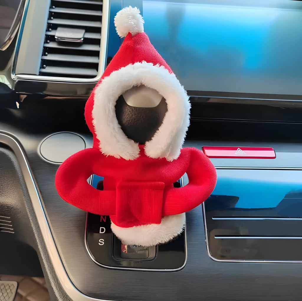 Santa Claus car gear lever cover in black or pink fabric with hooded sweatshirt design, fitting gear shift knob and handbrake.