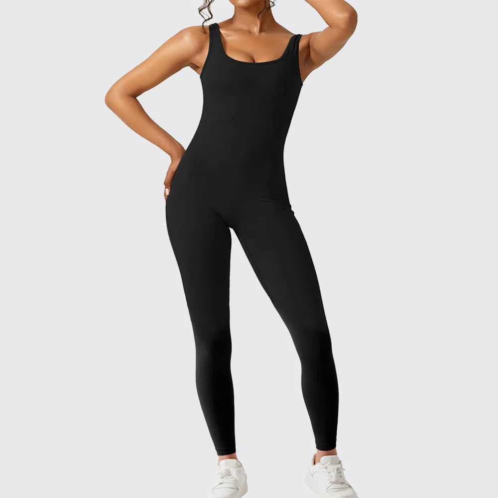 Women's sleeveless flare jumpsuit yoga pants in high elasticity polyester fabric