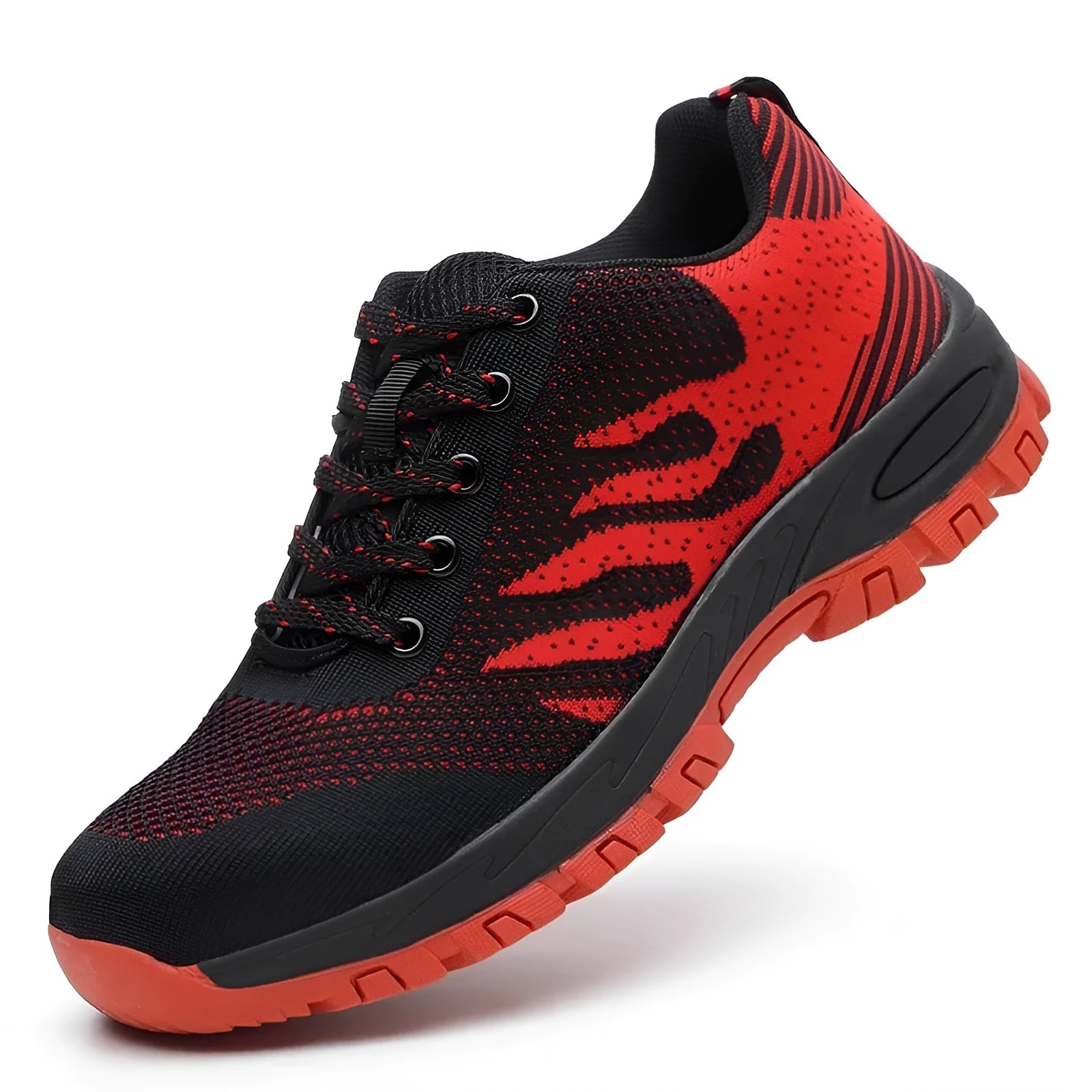 A pair of 113 red safety shoes with a mesh upper and a visible steel toe cap on a white background.