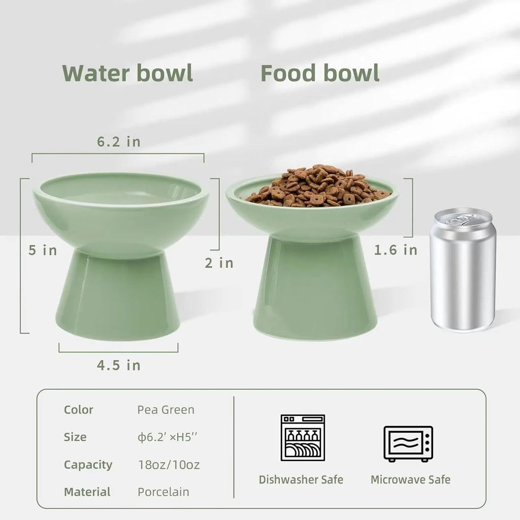 Extra wide elevated ceramic cat food and water bowl set in blue, green, pink, or white