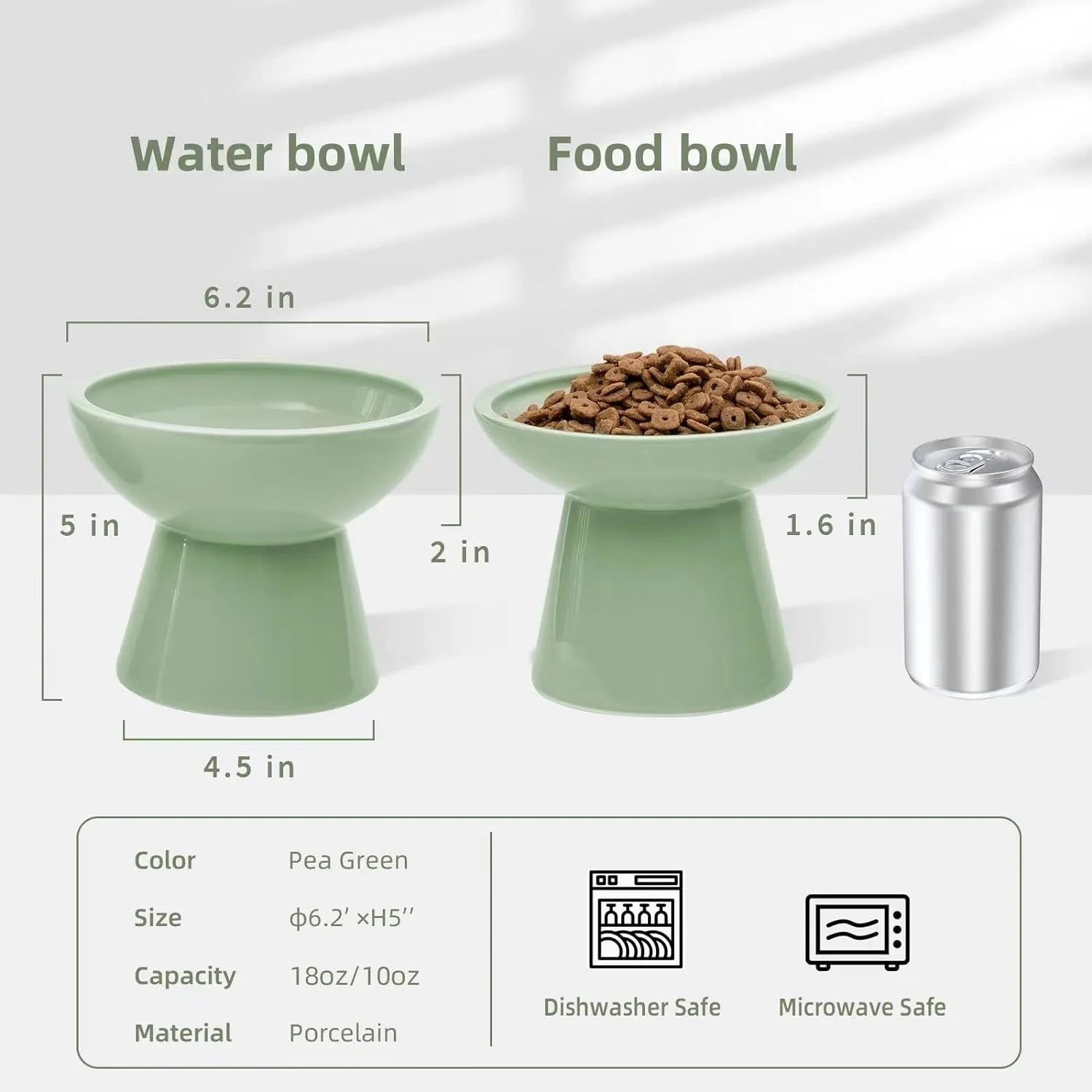 Extra wide elevated ceramic cat food and water bowl set in blue, green, pink, or white