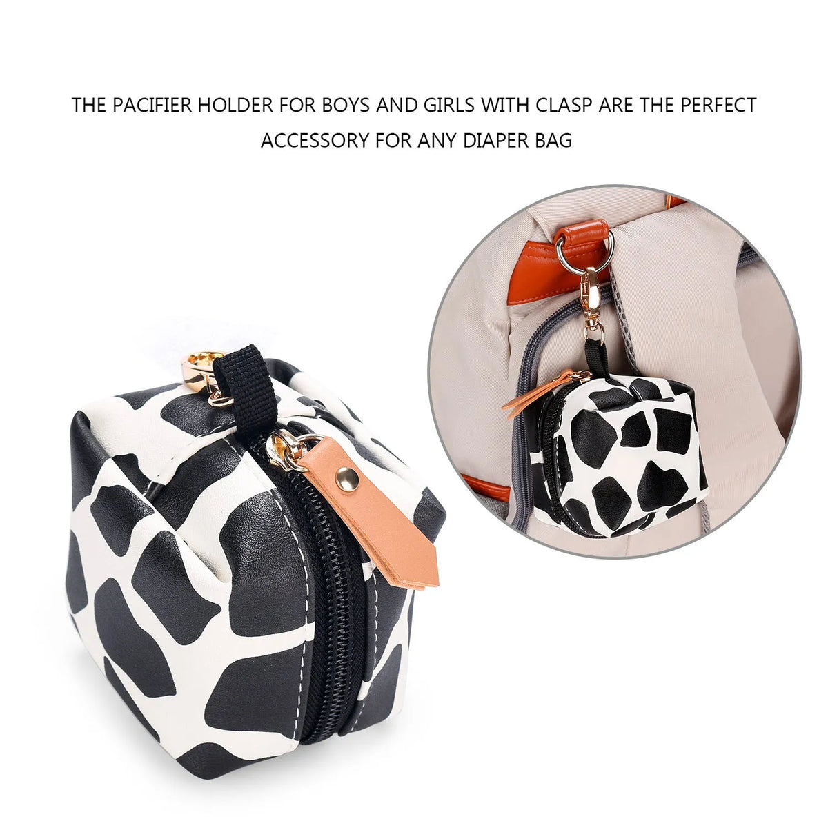 Baby pacifier holder case with PU leather outer and nylon lining, 10cm diameter, holds 2 pacifiers