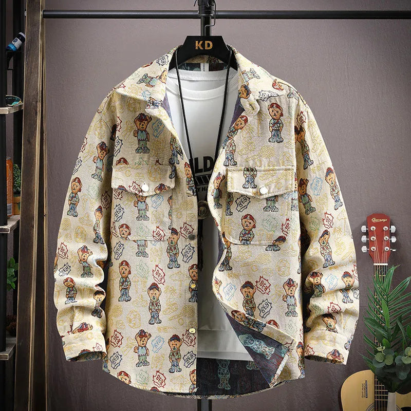 Casual lapel shirt coat in a light colour with long sleeves and straight hem, shown on a hanger.