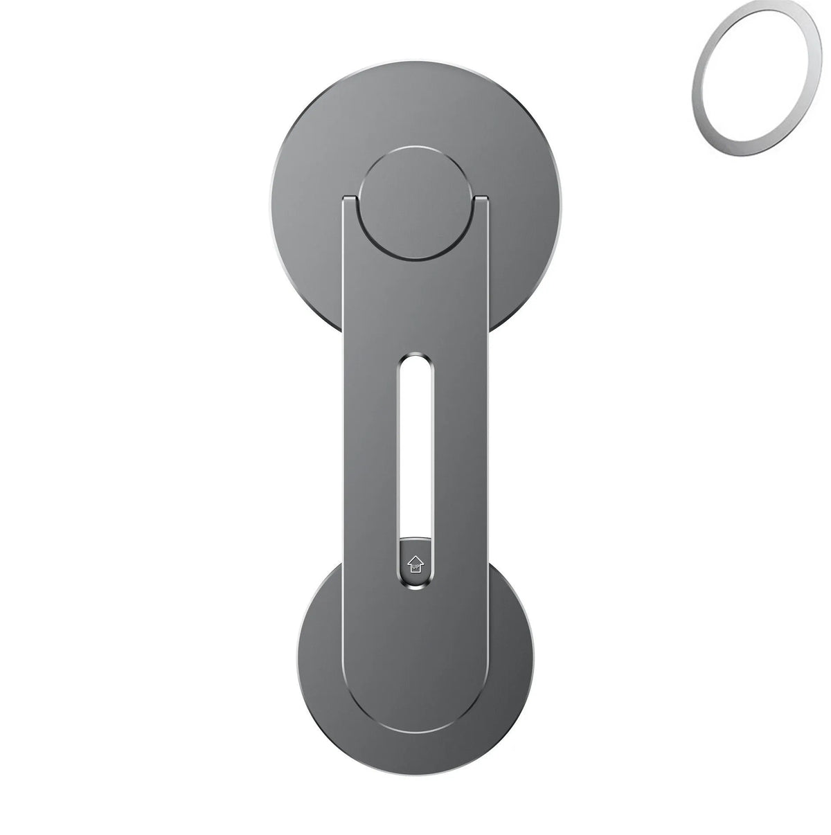 Silver CNC aluminum magnetic phone holder mounted on Tesla suspension screen showing 180 degree flip capability