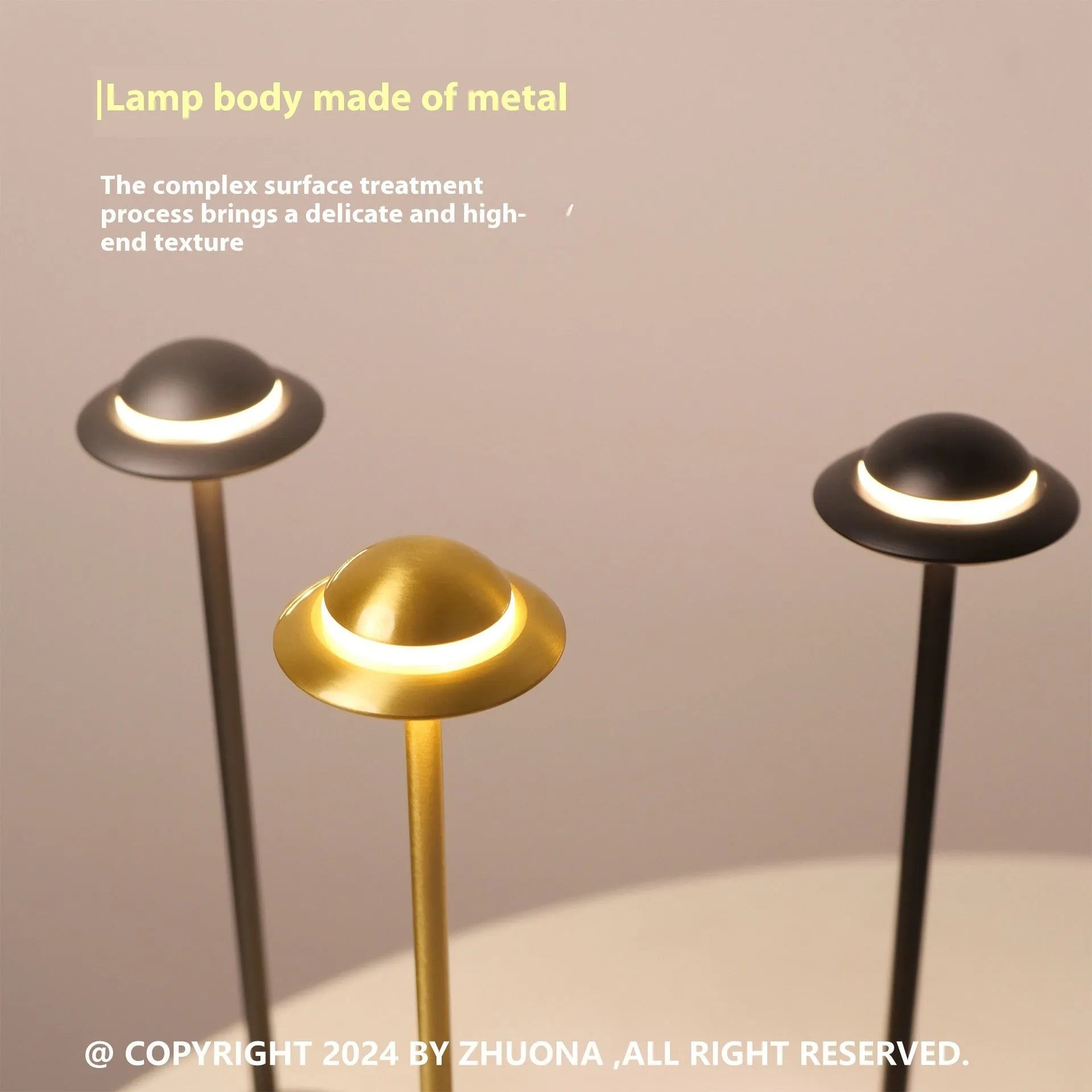 Creative UFO-shaped rechargeable table lamp with metal base in black, gold, or grey colour.