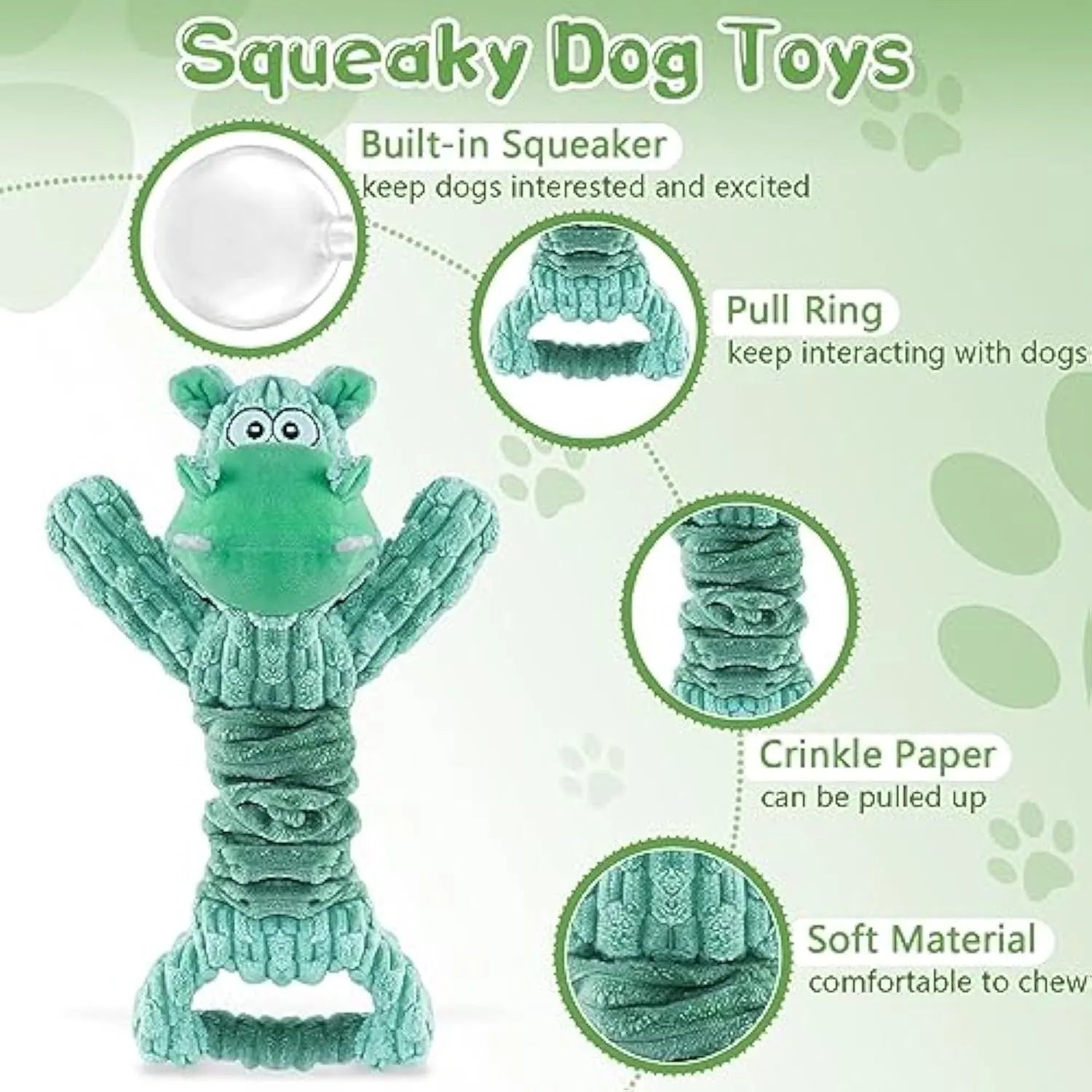 Large squeaky plush dog toy with telescopic body and handle for tug of war play