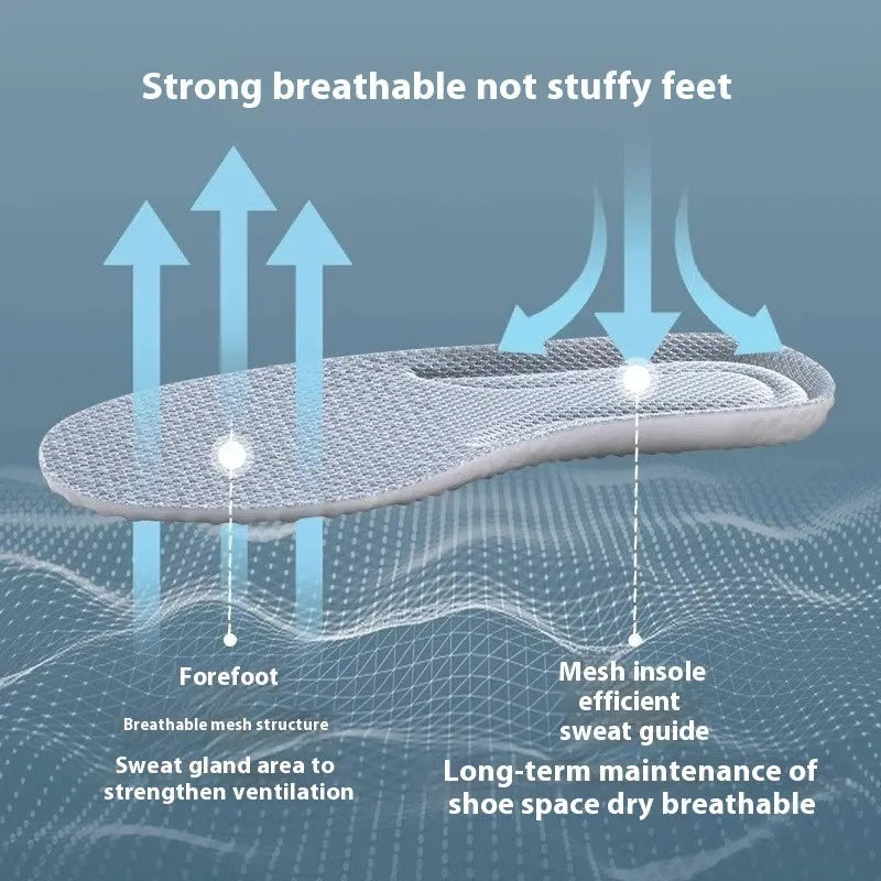 Breathable grey PU sports insoles with high elasticity shown alongside scissors demonstrating trim-to-fit feature