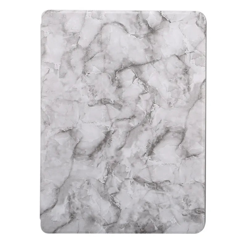 Tri-fold marbling pattern iPad leather case in dark grey with a visible stylus pen slot.