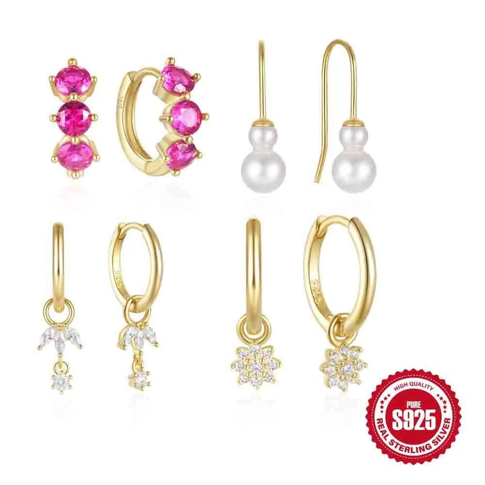 Geometric sunflower design sterling silver earrings with golden diamond colour zirconia stones