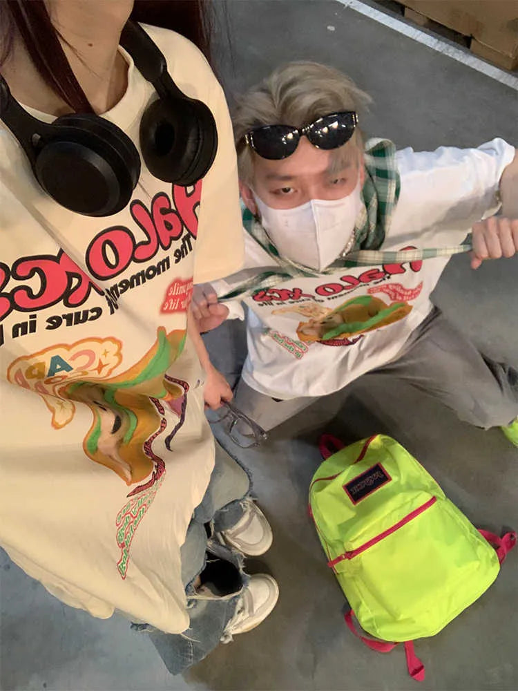 Cartoon hamburger dog printed cotton T-shirt in loose fit, shown in white colour.