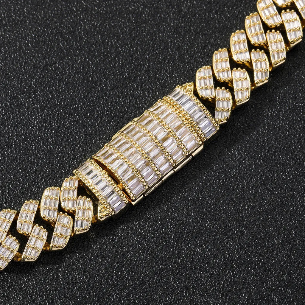 Men's copper Cuban chain necklace with rhombus cubic zircon detail, gold or silver finish, 7-24 inch sizes