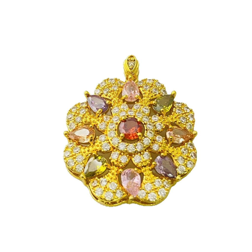 Close-up of a women's floral-shaped zircon pendant necklace in a gold electroplated finish, shown with a delicate chain.