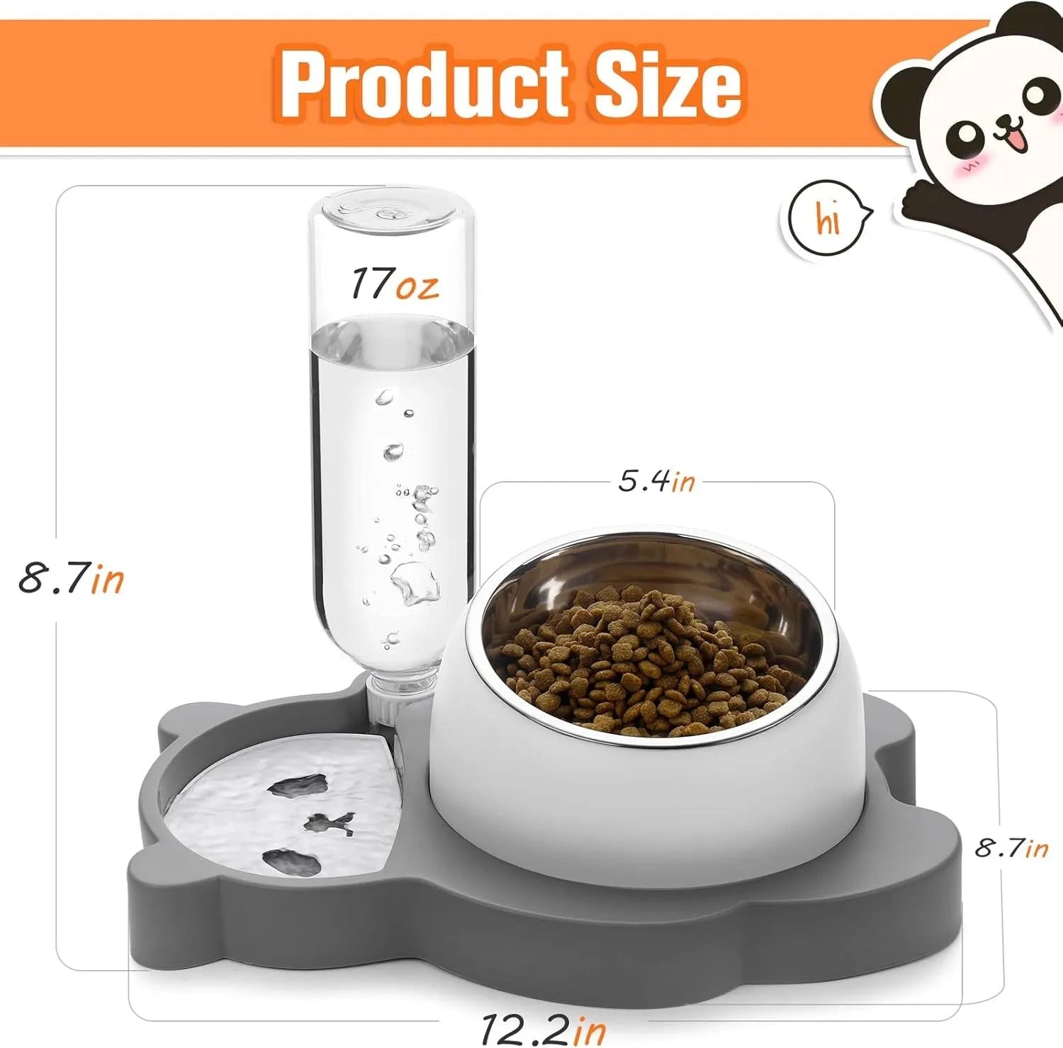 Elevated pet bowl set with panda design, stainless steel dish, and automatic water dispenser bottle