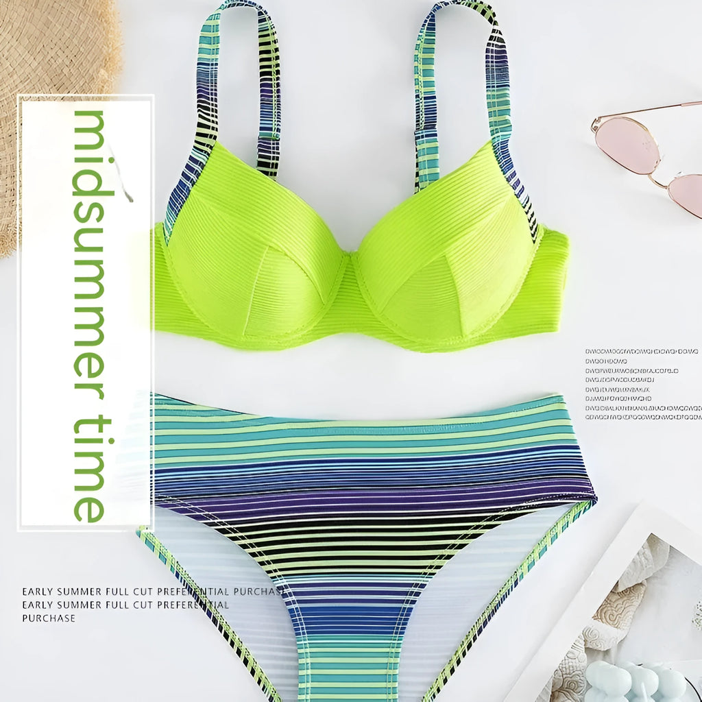 Green women's halter neck bikini set with split briefs, shown as a two-piece swimwear.
