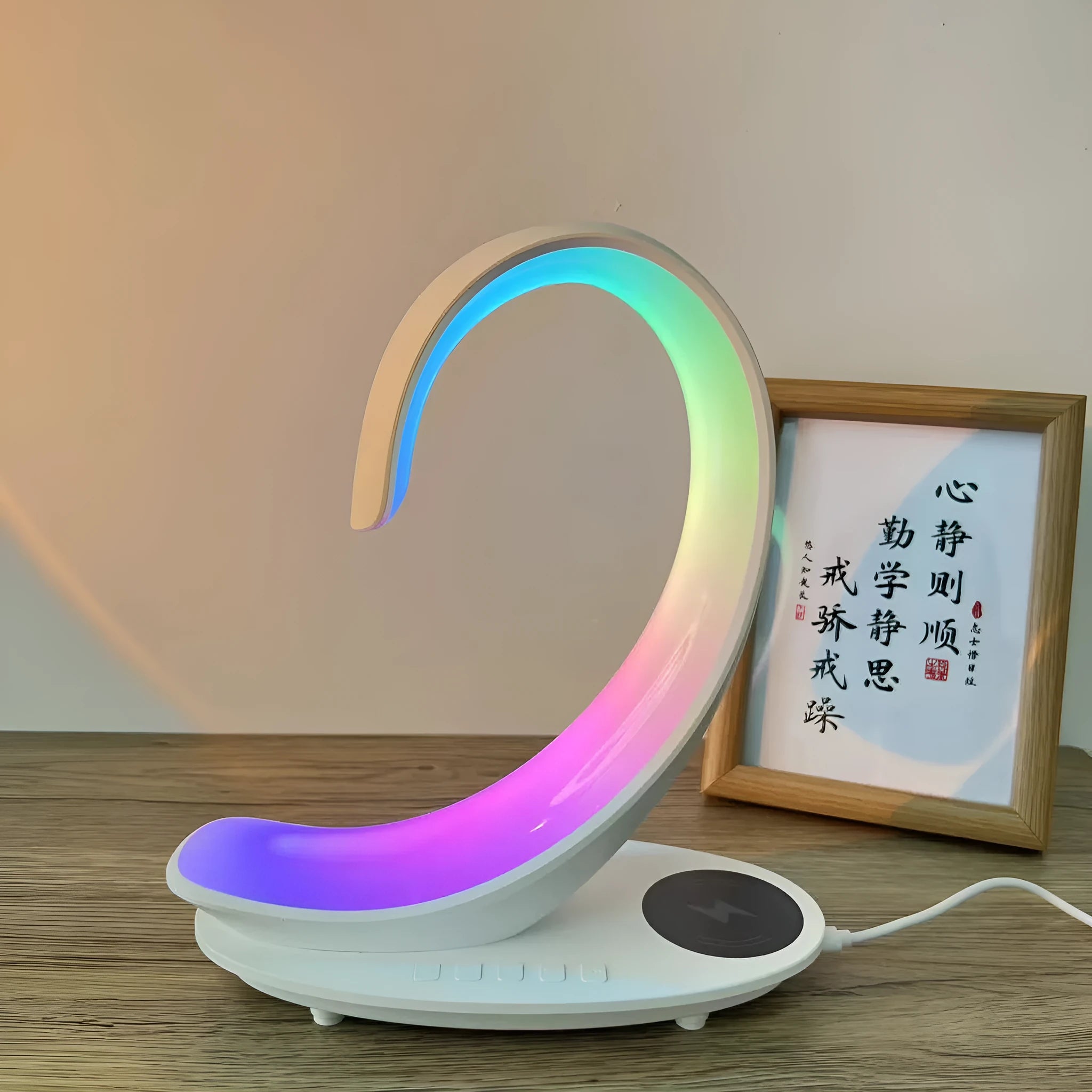 White swan sculpture desktop wireless charger with Bluetooth speaker and colourful LED atmosphere lighting