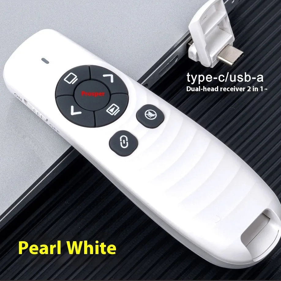 Dual receiving laser pointer remote control in black or white with red light and page turning functions
